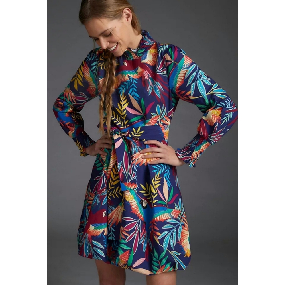 Farm Rio | Aves Mini Long Sleeve Dress Colorful Tropical Parrots Size XL